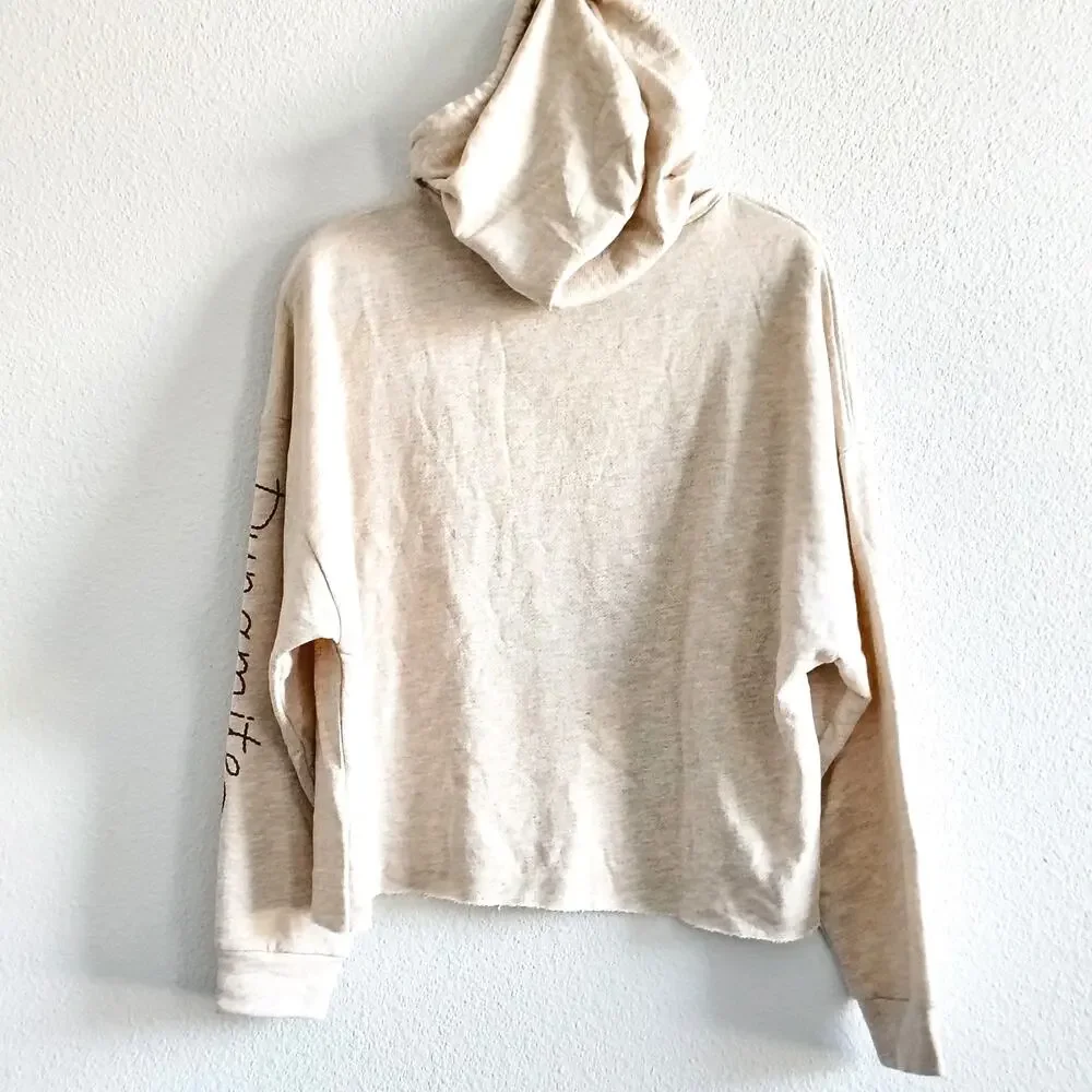Free People Movement Medium Beige Crop Hoodie Sweatshirt Dynamite Embroidery NEW